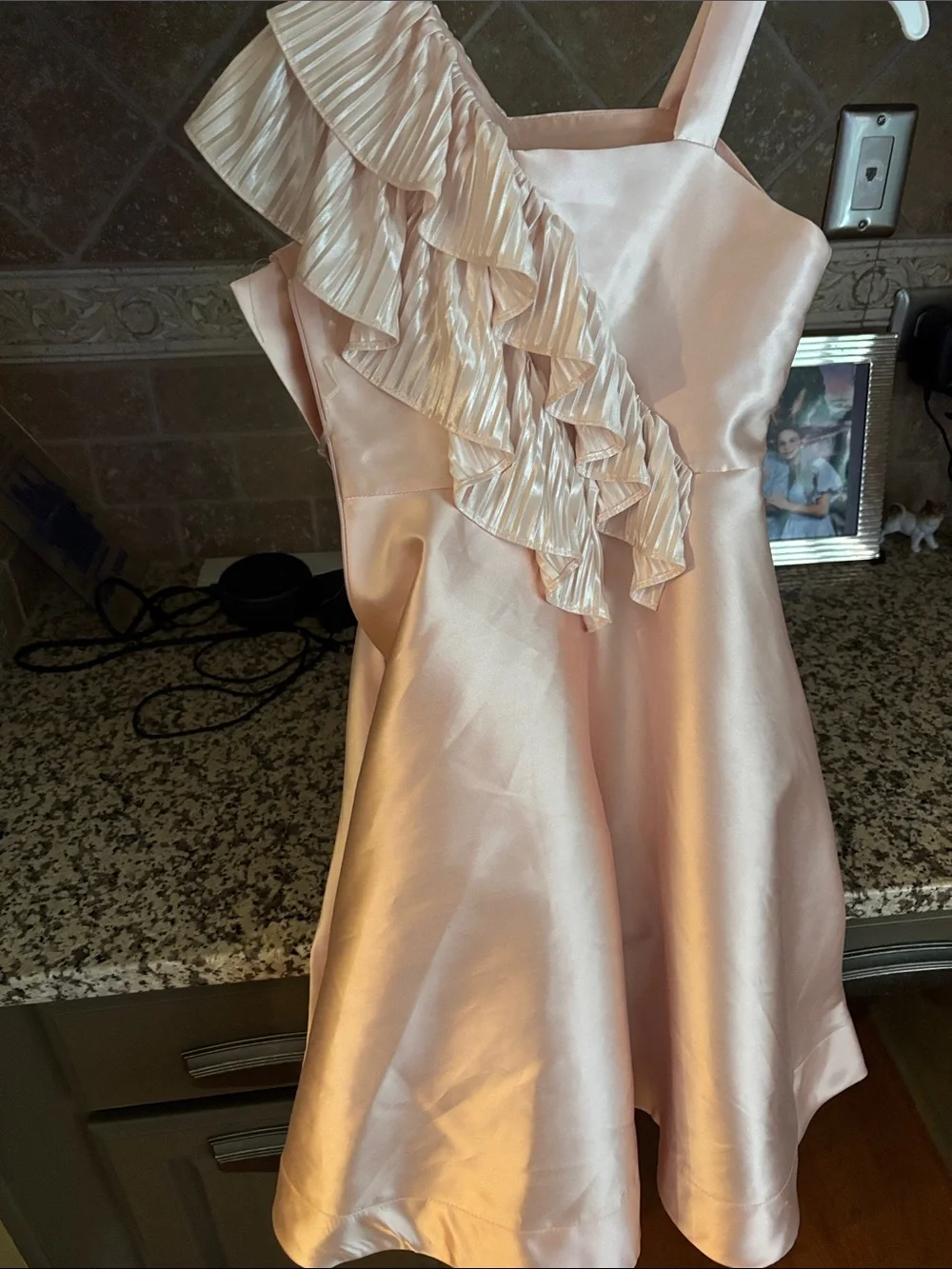 Bonnie Jean Light Pink Satin One-Shoulder Ruffle Dress